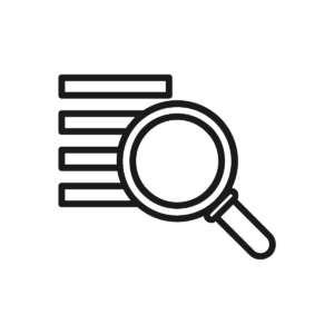 A magnifying glass hovers over four bars of text
